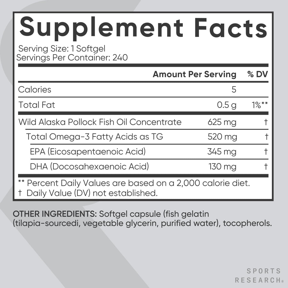 Sports Research® Omega-3 Fish Oil 1250mg from Wild Alaska Pollock, 30 Count