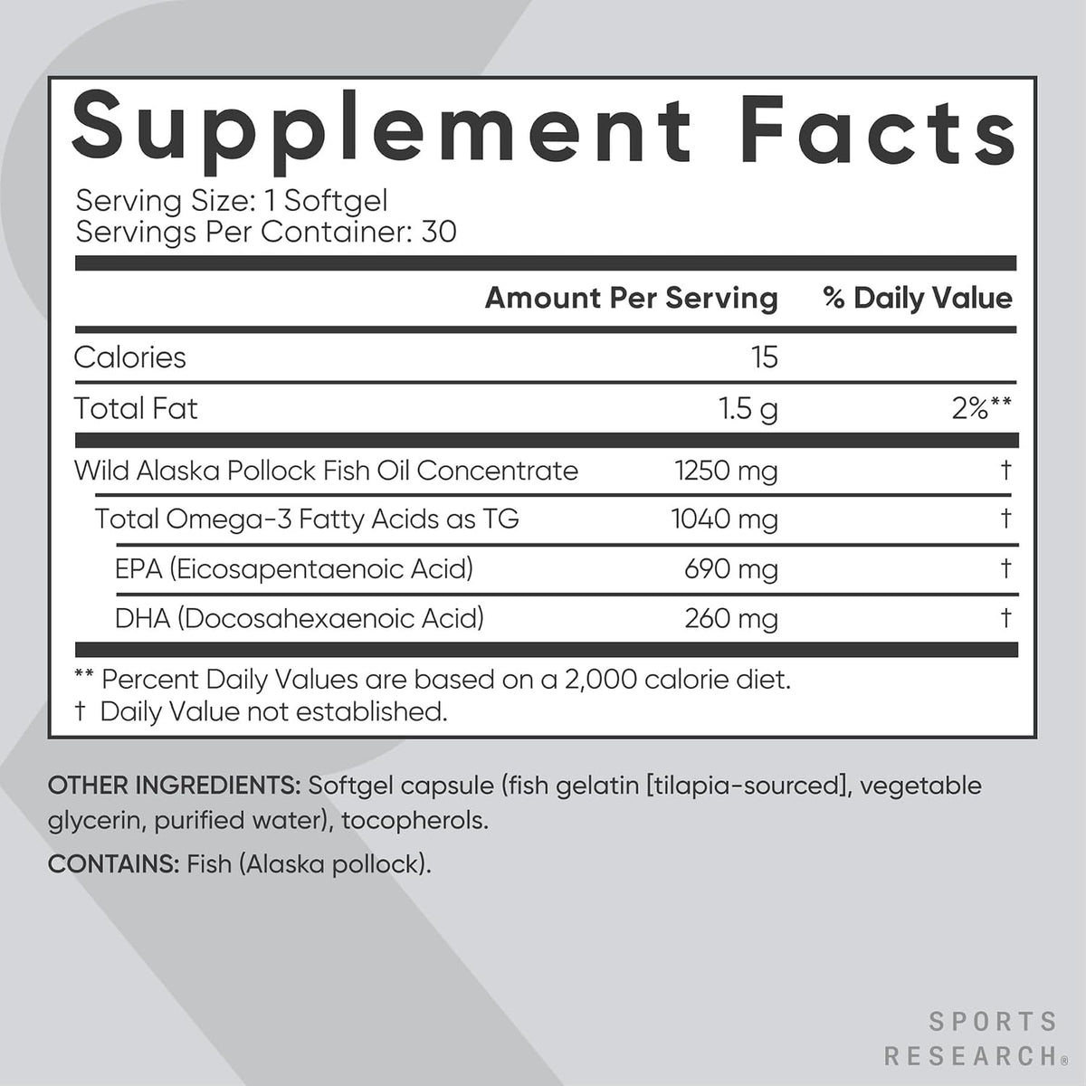 Sports Research® Omega-3 Fish Oil 1250mg from Wild Alaska Pollock, 30 Count
