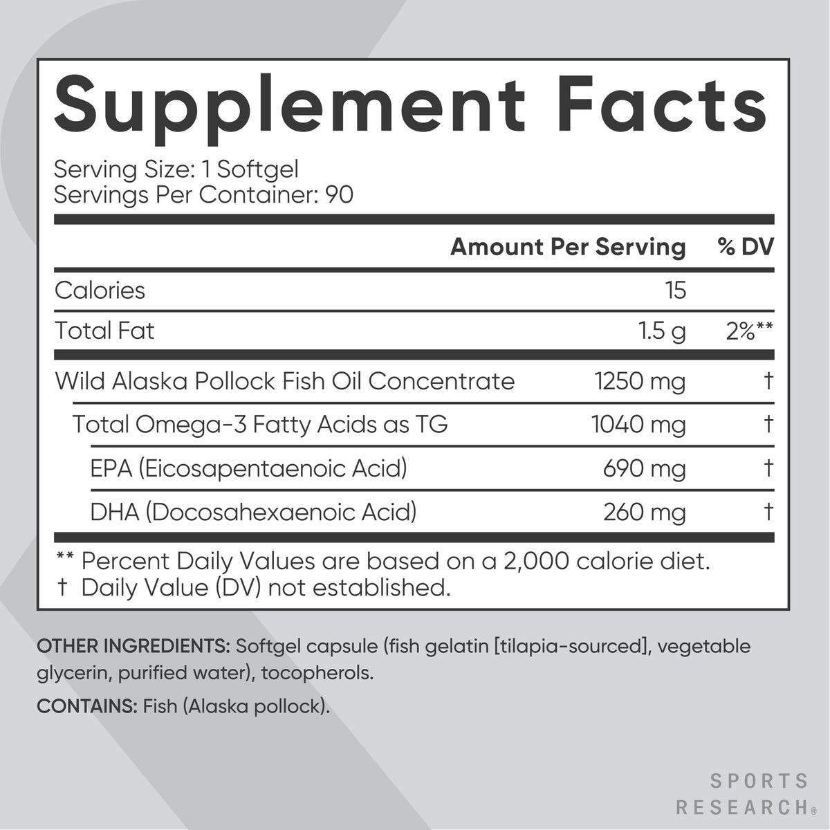 Sports Research® Omega-3 Fish Oil 1250mg from Wild Alaska Pollock, 30 Count
