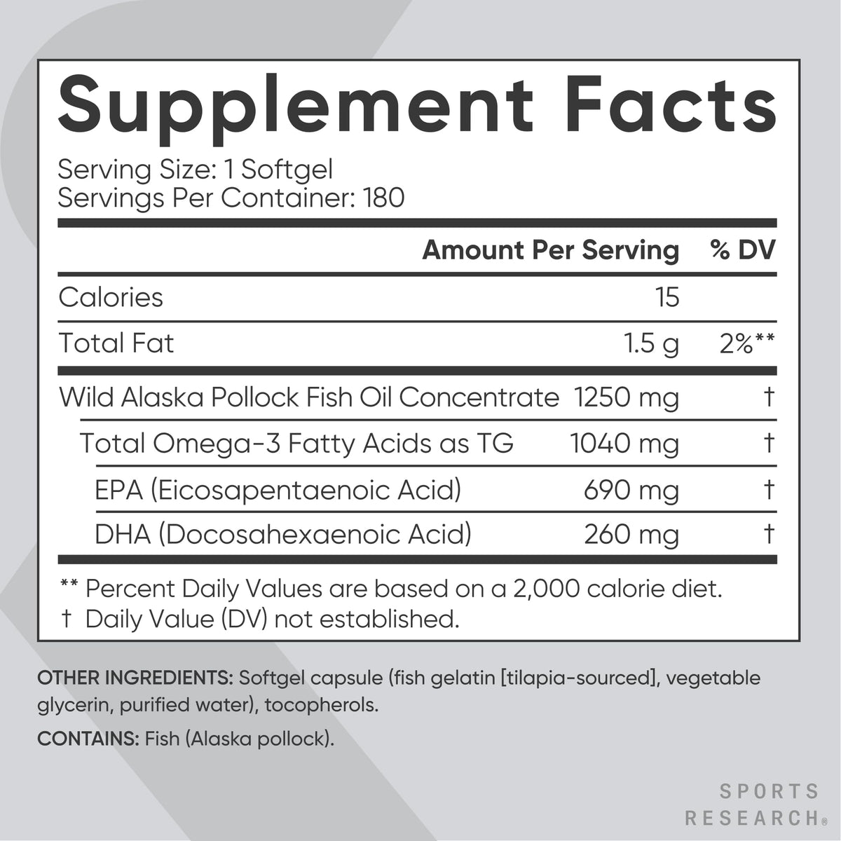 Sports Research® Omega-3 Fish Oil 1250mg from Wild Alaska Pollock, 30 Count