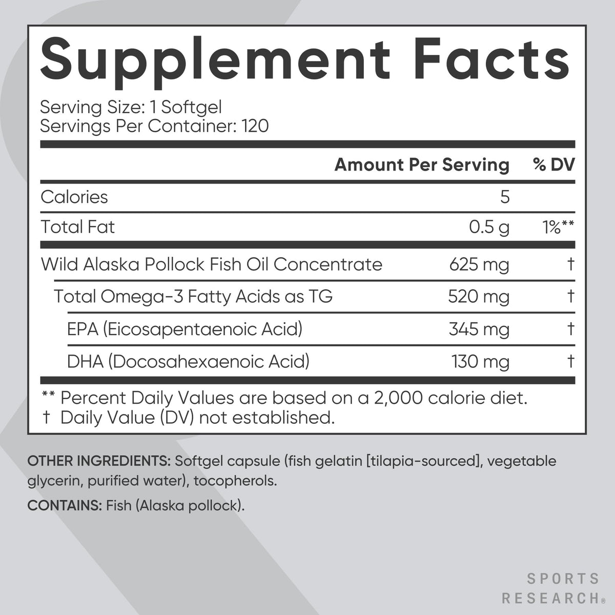 Sports Research® Omega-3 Fish Oil 1250mg from Wild Alaska Pollock, 30 Count